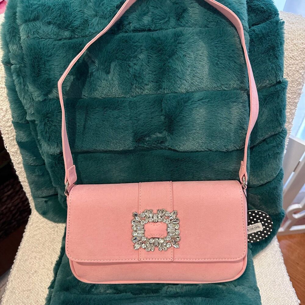 Olivia & Kate small pink faux suede shoulder bag with crystal embellishment
